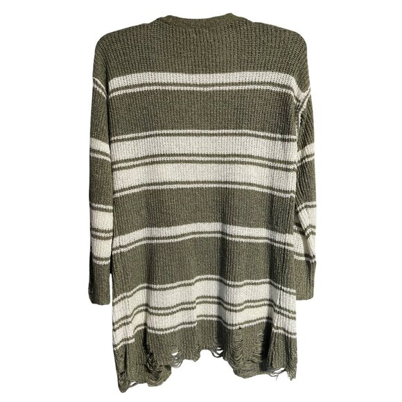 BKE Womens Striped Knit Cardigan Sweater Olive & White Distressed Hem Size L - Picture 2 of 13